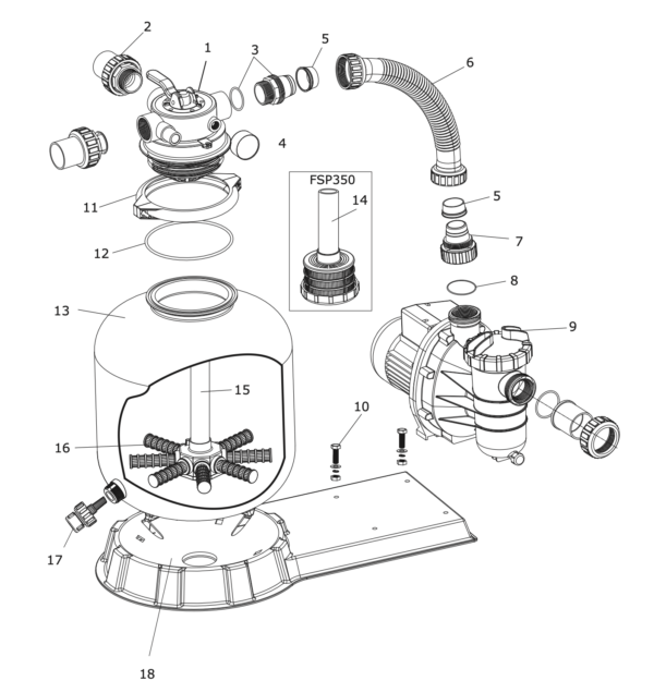 Schemat części zestaw filtracyjny Flotide FSP Schemat części zamiennych do zestawu filtracyjnego filtra basenowego Flotide FSP