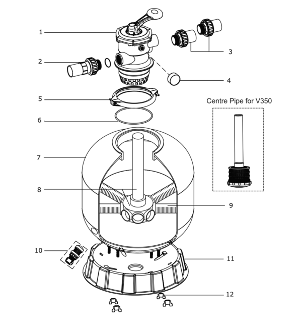 Schemat części zamiennych do filtrów basenowych Flotide serii V