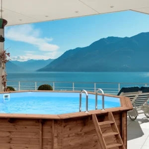 Abatec Exotic Sunset basen drewniany polskiego producenta na tarasie nad jeziorem